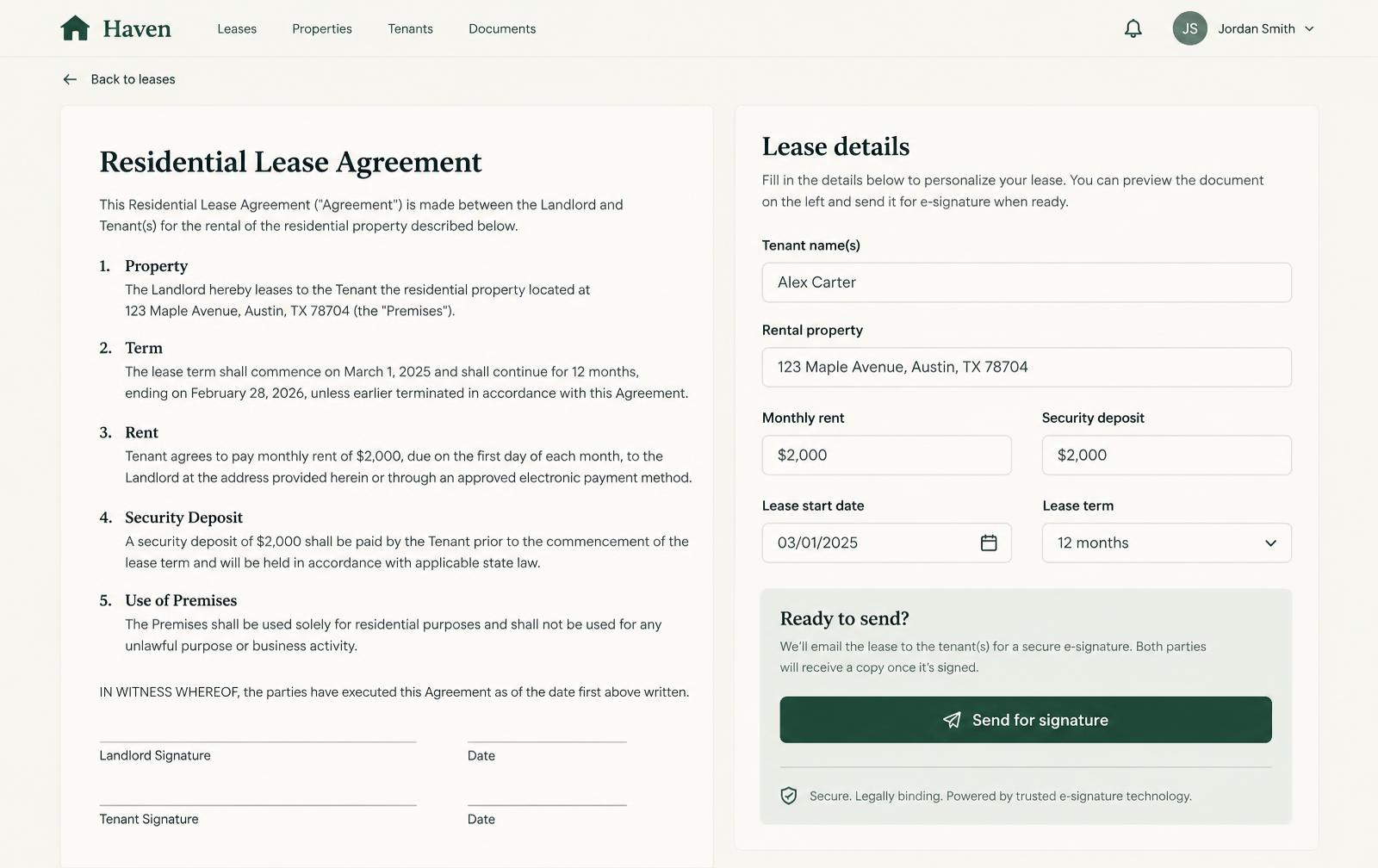 Lease builder with e-signature